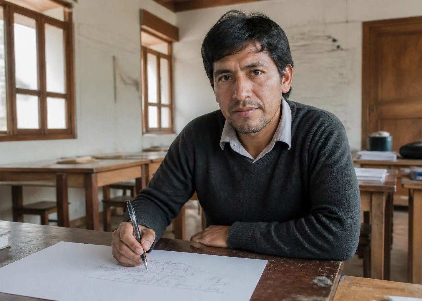 Vista cenital de un escritorio con un diagrama de lógica trazado a mano y un lapicero
