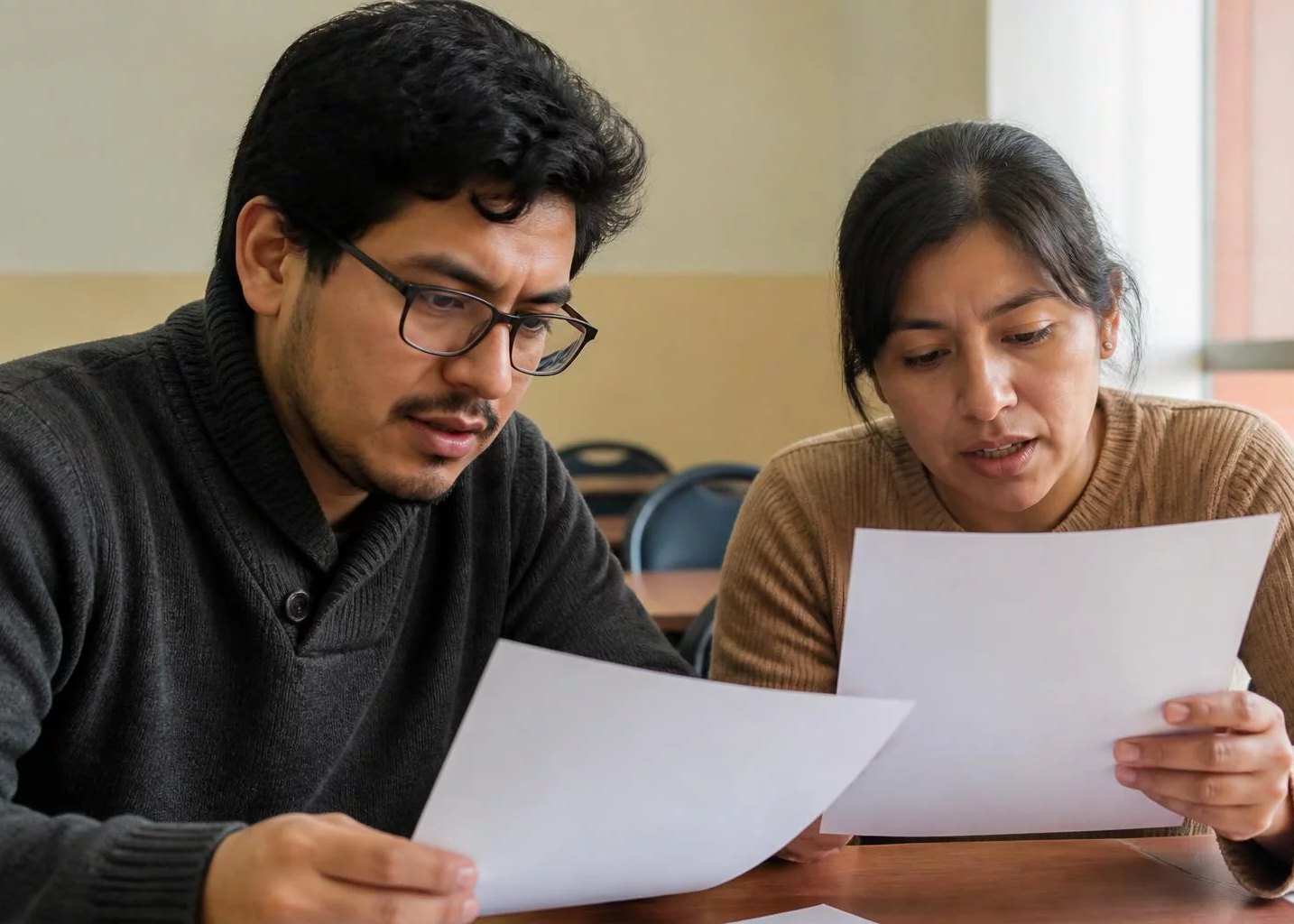 Dos personas leyendo hojas de argumento impresas en la mesa