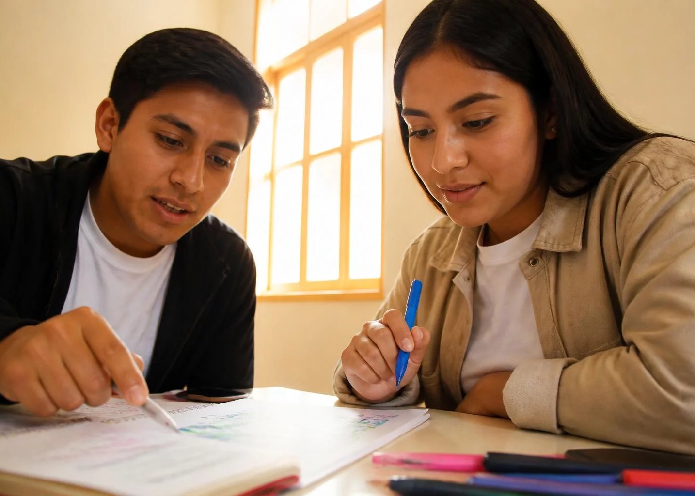 Dos personas preparando la ronda con cuadernos y plumones de colores