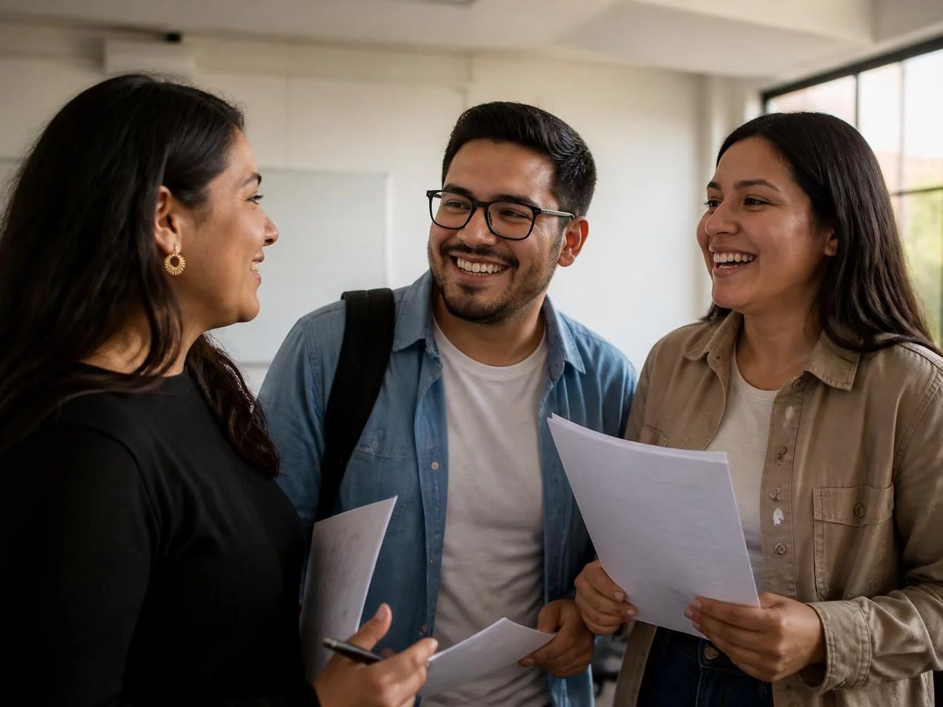 Tres adultos sonriendo al terminar una ronda, con las hojas en la mano