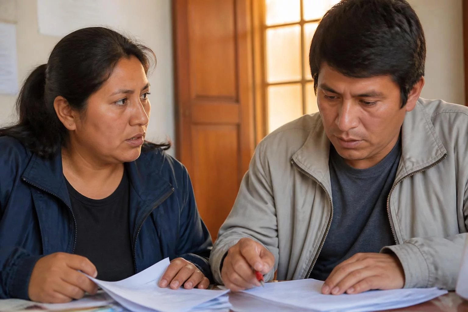 Dos adultos en una mesa de trabajo cubierta de apuntes impresos
