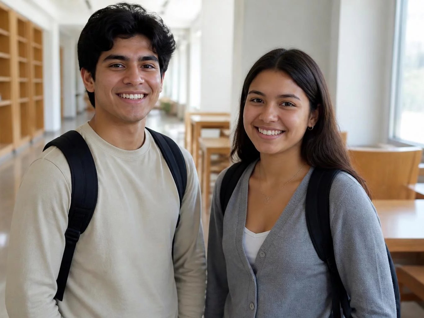 Dos estudiantes con mochila conversando en un pasillo universitario